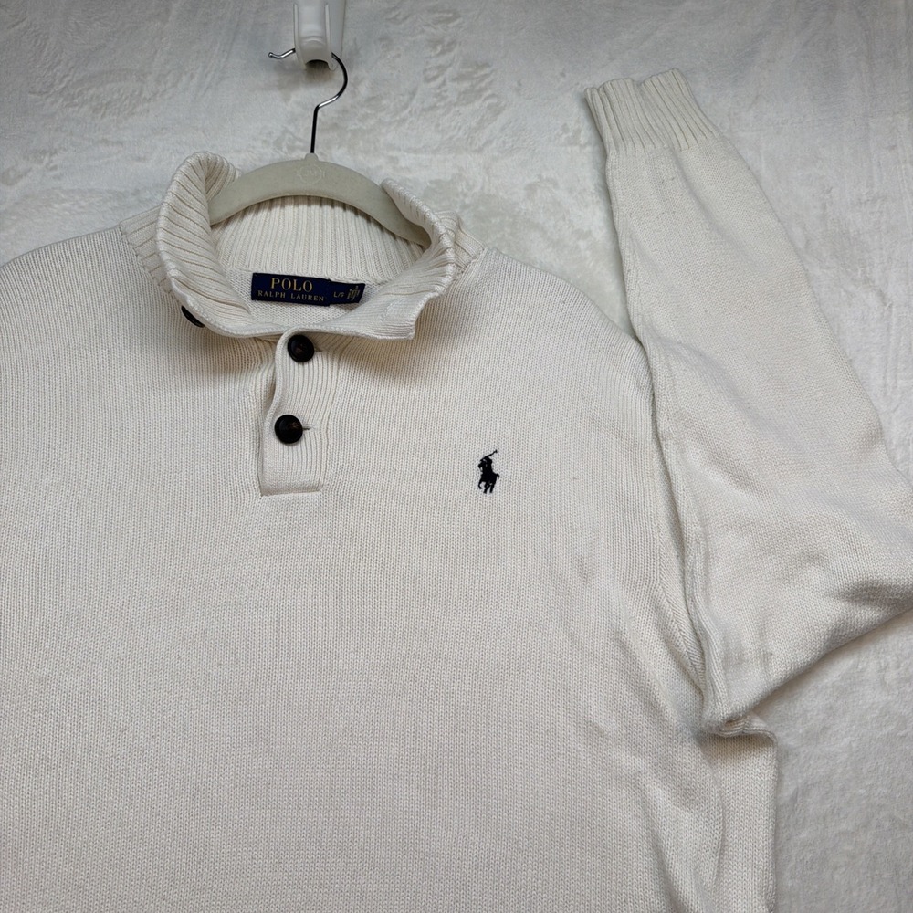 Polo‎ Ralph Lauren Sweater Mock Neck Button Collar Pony Logo Cream Mens Large